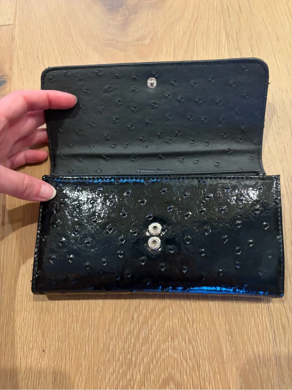 Guess Black Patent Trifold Clutch Wallet with Silver Crystal Logo